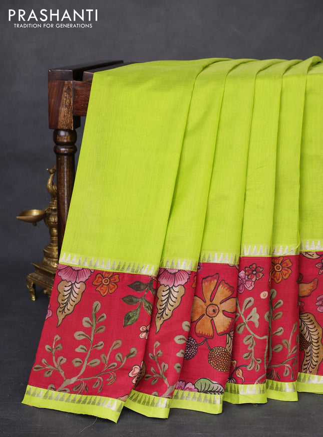 Mangalgiri silk cotton saree fluorescent green and maroon with plain body and temple design kalamkari printed applique border