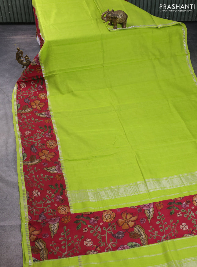 Mangalgiri silk cotton saree fluorescent green and maroon with plain body and temple design kalamkari printed applique border
