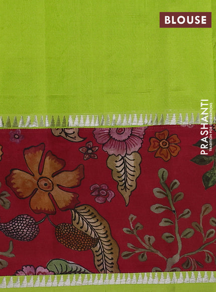 Mangalgiri silk cotton saree fluorescent green and maroon with plain body and temple design kalamkari printed applique border