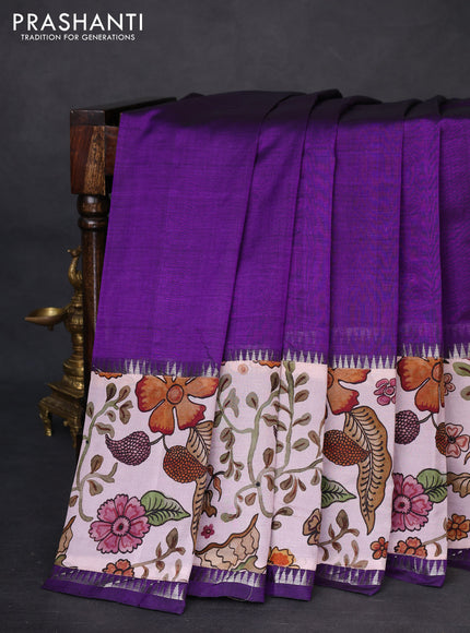 Mangalgiri silk cotton saree violet and pastel pink with plain body and temple design kalamkari printed applique border