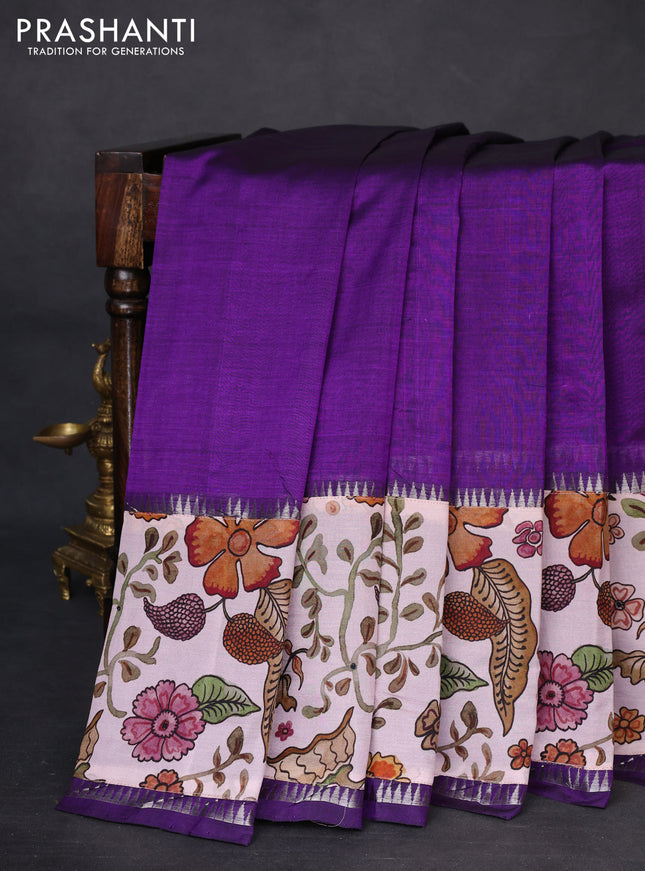 Mangalgiri silk cotton saree violet and pastel pink with plain body and temple design kalamkari printed applique border