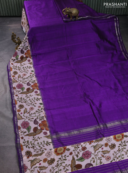 Mangalgiri silk cotton saree violet and pastel pink with plain body and temple design kalamkari printed applique border