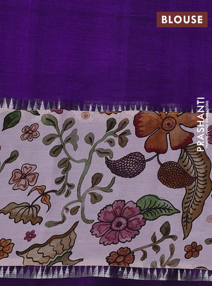 Mangalgiri silk cotton saree violet and pastel pink with plain body and temple design kalamkari printed applique border