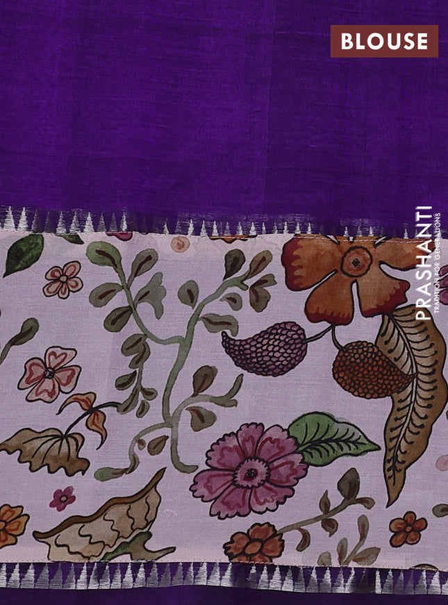 Mangalgiri silk cotton saree violet and pastel pink with plain body and temple design kalamkari printed applique border