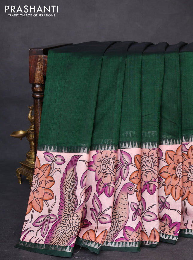 Mangalgiri silk cotton saree dark green and pastel peach with plain body and temple design kalamkari printed applique border