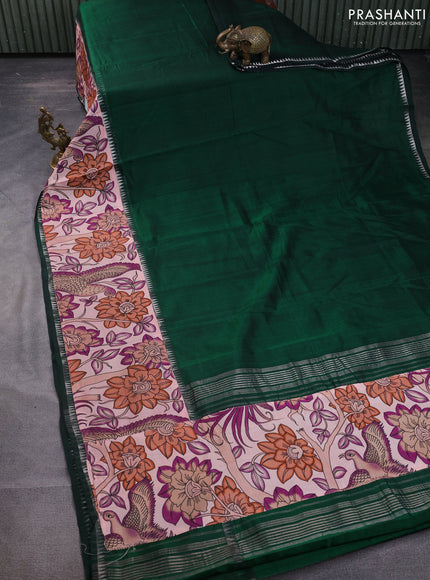 Mangalgiri silk cotton saree dark green and pastel peach with plain body and temple design kalamkari printed applique border