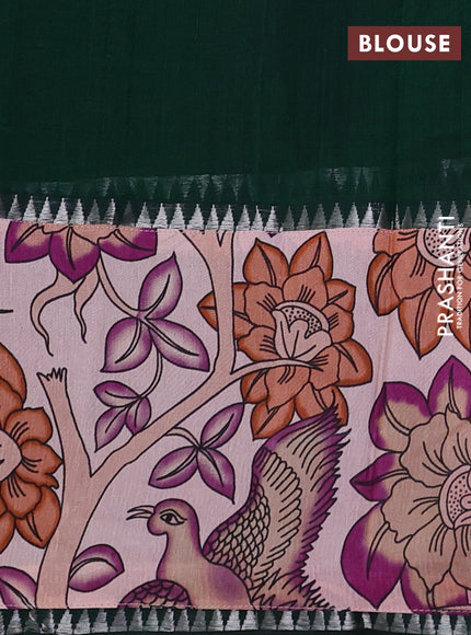 Mangalgiri silk cotton saree dark green and pastel peach with plain body and temple design kalamkari printed applique border