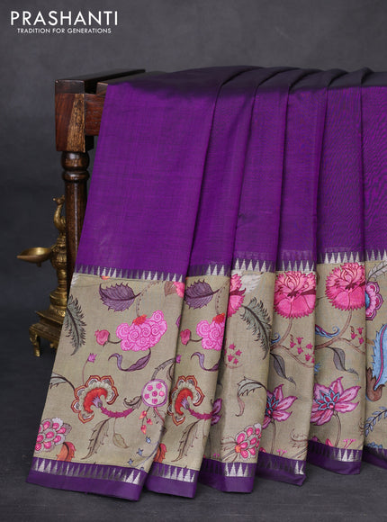 Mangalgiri silk cotton saree violet and pastel green with plain body and temple design kalamkari printed applique border