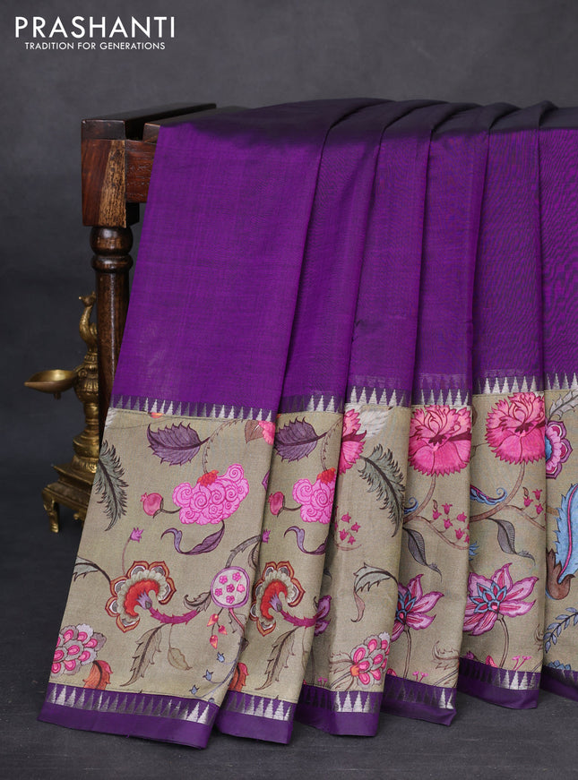 Mangalgiri silk cotton saree violet and pastel green with plain body and temple design kalamkari printed applique border