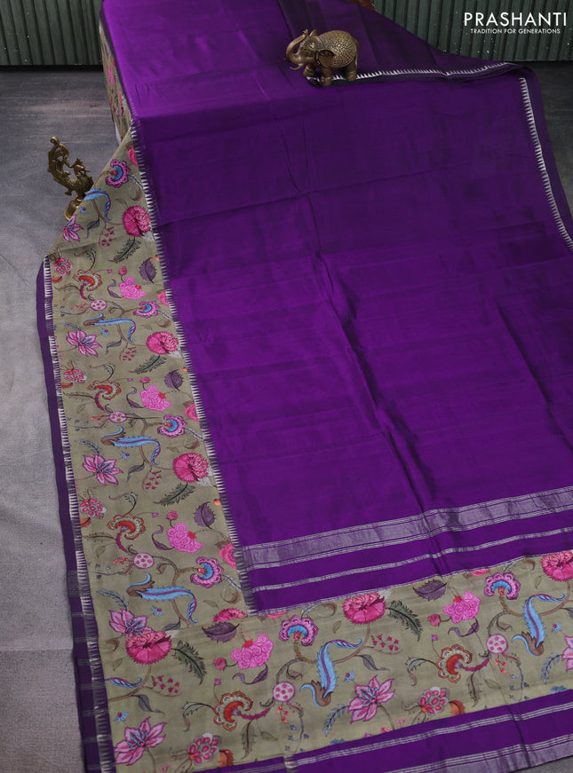Mangalgiri silk cotton saree violet and pastel green with plain body and temple design kalamkari printed applique border