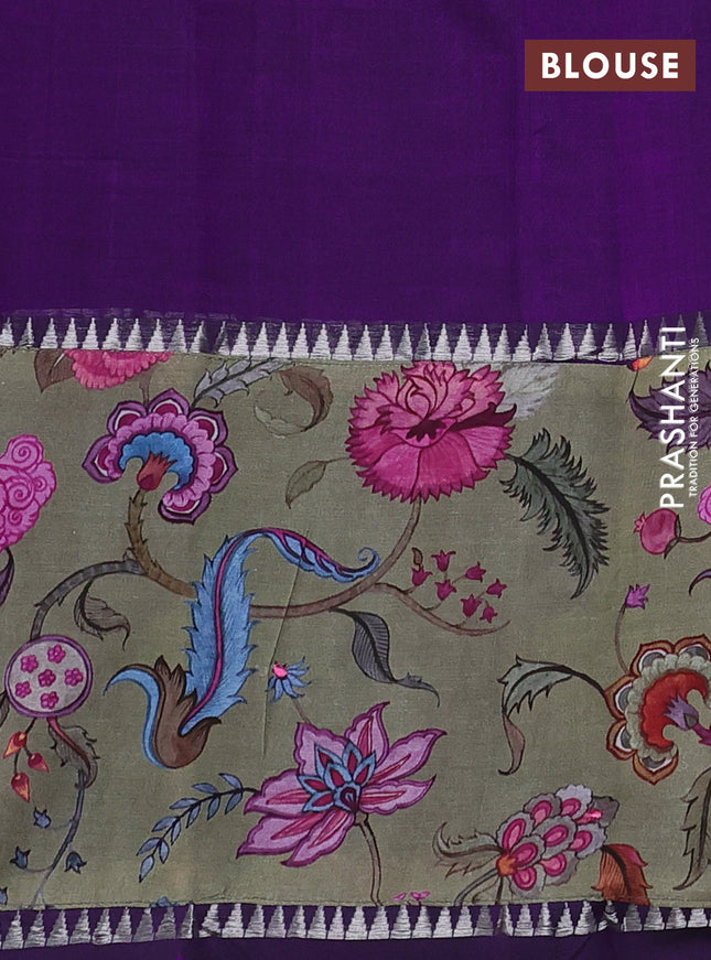 Mangalgiri silk cotton saree violet and pastel green with plain body and temple design kalamkari printed applique border