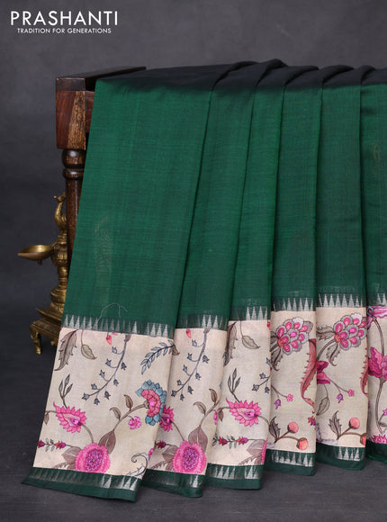 Mangalgiri silk cotton saree dark green and beige with plain body and temple design kalamkari printed applique border