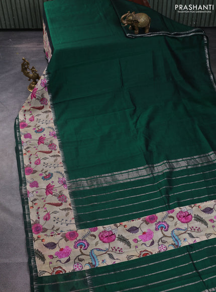 Mangalgiri silk cotton saree dark green and beige with plain body and temple design kalamkari printed applique border