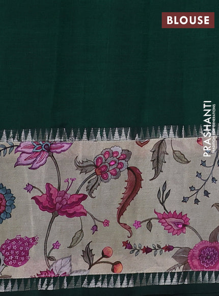 Mangalgiri silk cotton saree dark green and beige with plain body and temple design kalamkari printed applique border