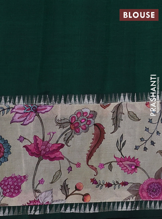 Mangalgiri silk cotton saree dark green and beige with plain body and temple design kalamkari printed applique border