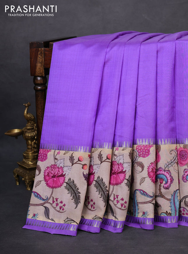 Mangalgiri silk cotton saree violet and beige with plain body and temple design kalamkari printed applique border