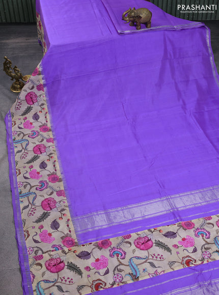 Mangalgiri silk cotton saree violet and beige with plain body and temple design kalamkari printed applique border