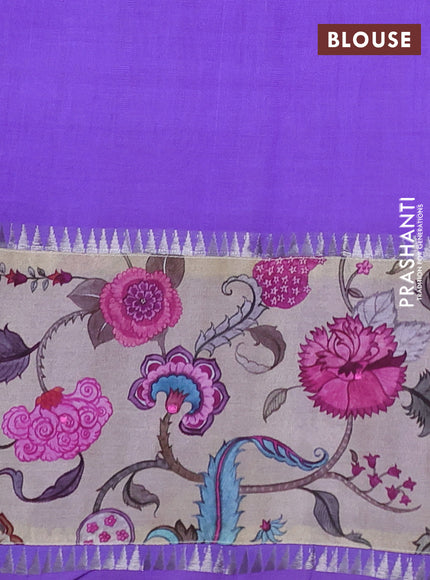 Mangalgiri silk cotton saree violet and beige with plain body and temple design kalamkari printed applique border
