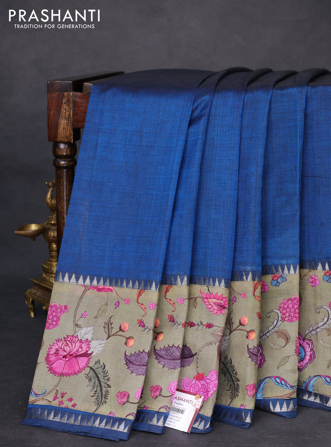 Mangalgiri silk cotton saree peacock blue and pastel green with plain body and temple design kalamkari printed applique border