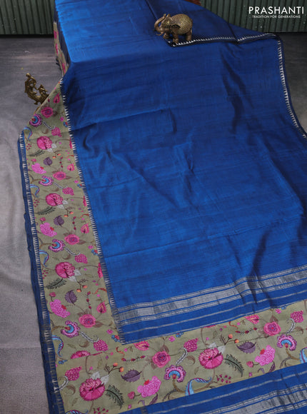 Mangalgiri silk cotton saree peacock blue and pastel green with plain body and temple design kalamkari printed applique border