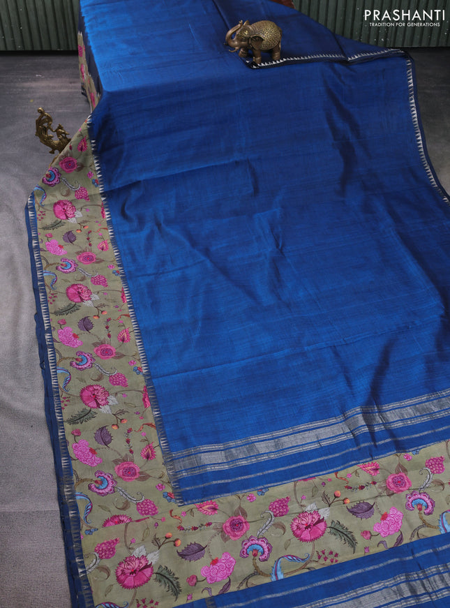 Mangalgiri silk cotton saree peacock blue and pastel green with plain body and temple design kalamkari printed applique border