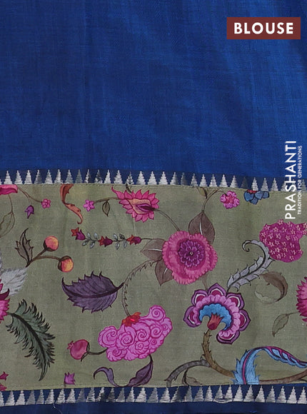 Mangalgiri silk cotton saree peacock blue and pastel green with plain body and temple design kalamkari printed applique border