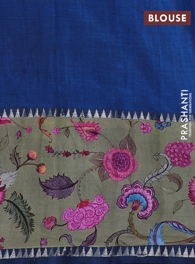 Mangalgiri silk cotton saree peacock blue and pastel green with plain body and temple design kalamkari printed applique border