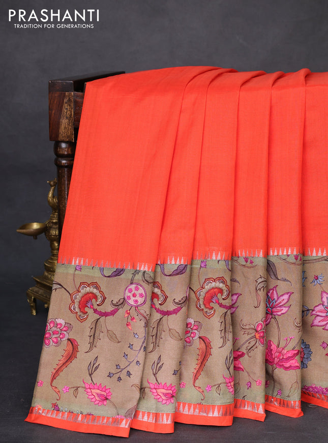 Mangalgiri silk cotton saree orange and chikku shade with plain body and temple design kalamkari printed applique border