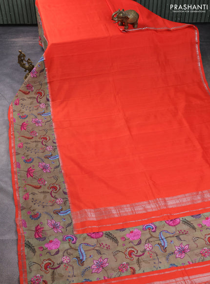 Mangalgiri silk cotton saree orange and chikku shade with plain body and temple design kalamkari printed applique border