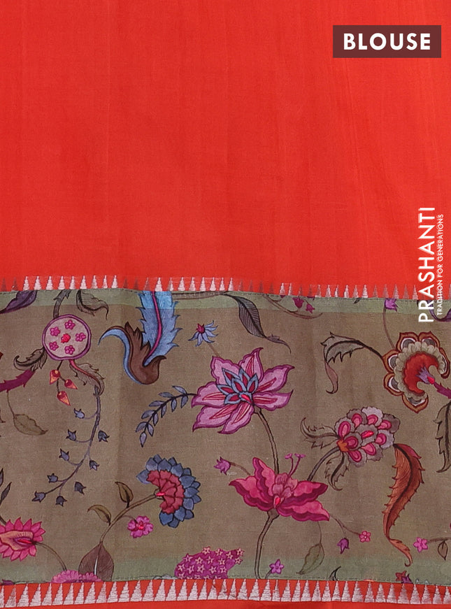 Mangalgiri silk cotton saree orange and chikku shade with plain body and temple design kalamkari printed applique border