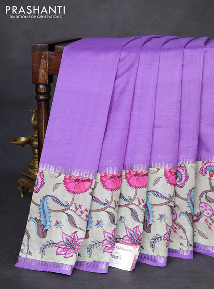 Mangalgiri silk cotton saree lavender and pastel green with plain body and temple design kalamkari printed applique border