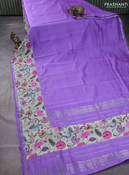 Mangalgiri silk cotton saree lavender and pastel green with plain body and temple design kalamkari printed applique border