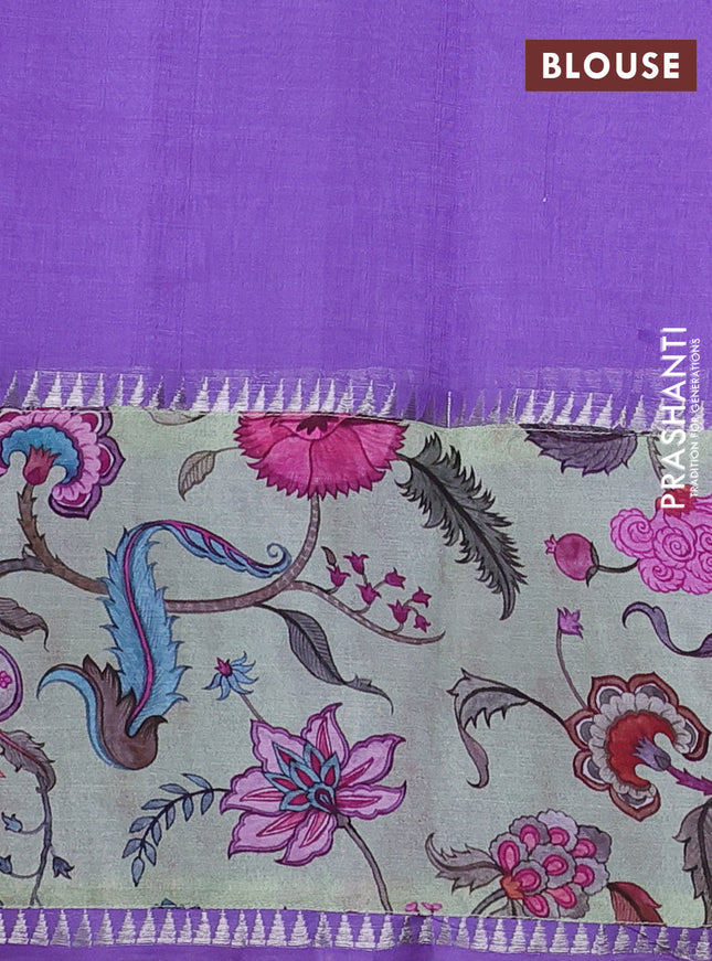 Mangalgiri silk cotton saree lavender and pastel green with plain body and temple design kalamkari printed applique border
