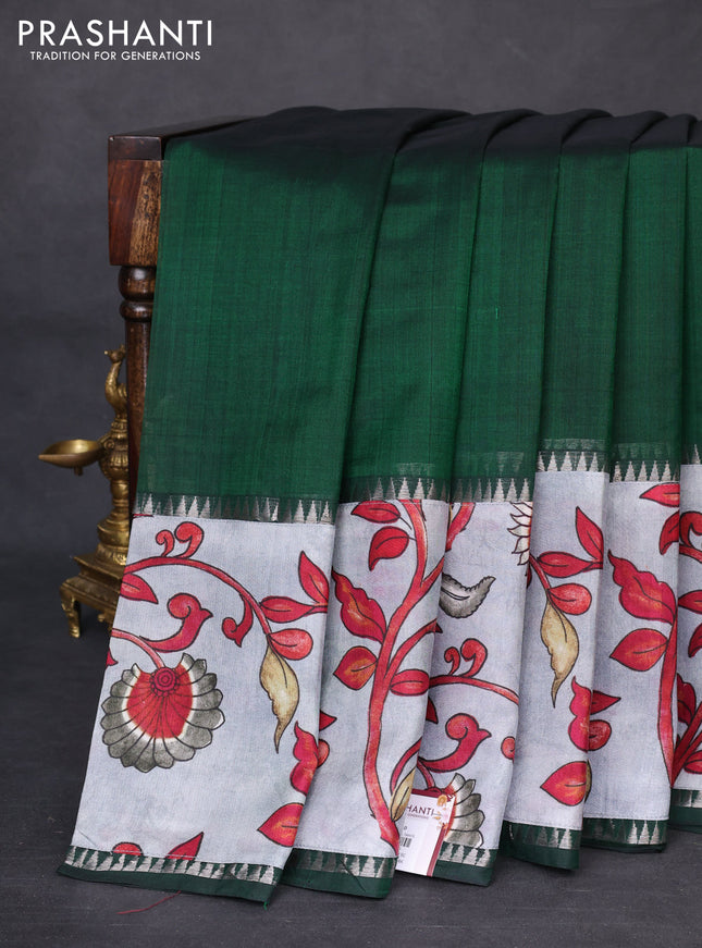 Mangalgiri silk cotton saree dark green and grey with plain body and temple design kalamkari printed applique border