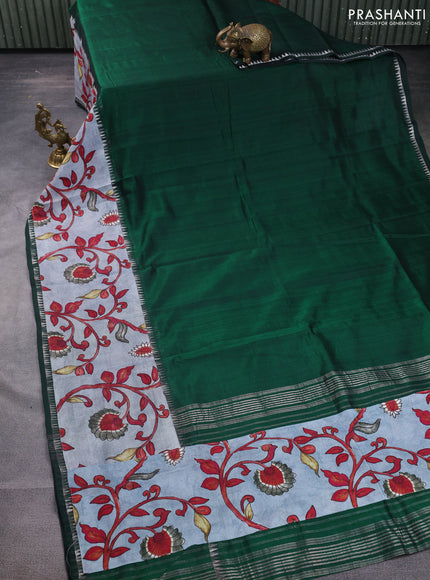 Mangalgiri silk cotton saree dark green and grey with plain body and temple design kalamkari printed applique border