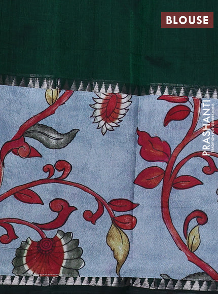 Mangalgiri silk cotton saree dark green and grey with plain body and temple design kalamkari printed applique border
