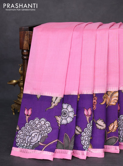 Mangalgiri silk cotton saree light pink and violet with plain body and temple design kalamkari printed applique border