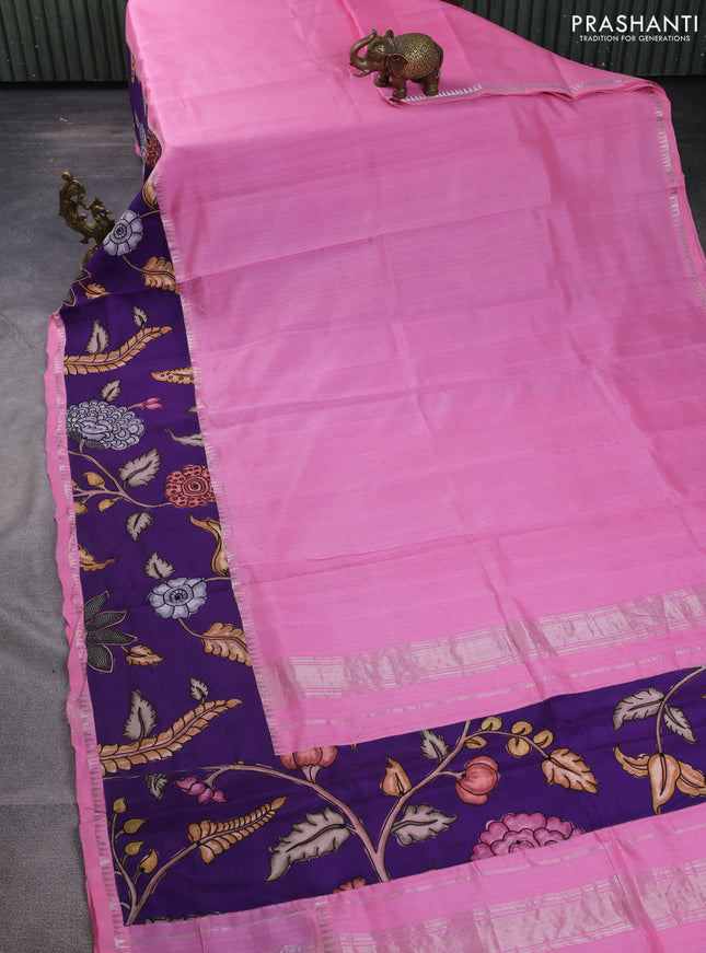 Mangalgiri silk cotton saree light pink and violet with plain body and temple design kalamkari printed applique border