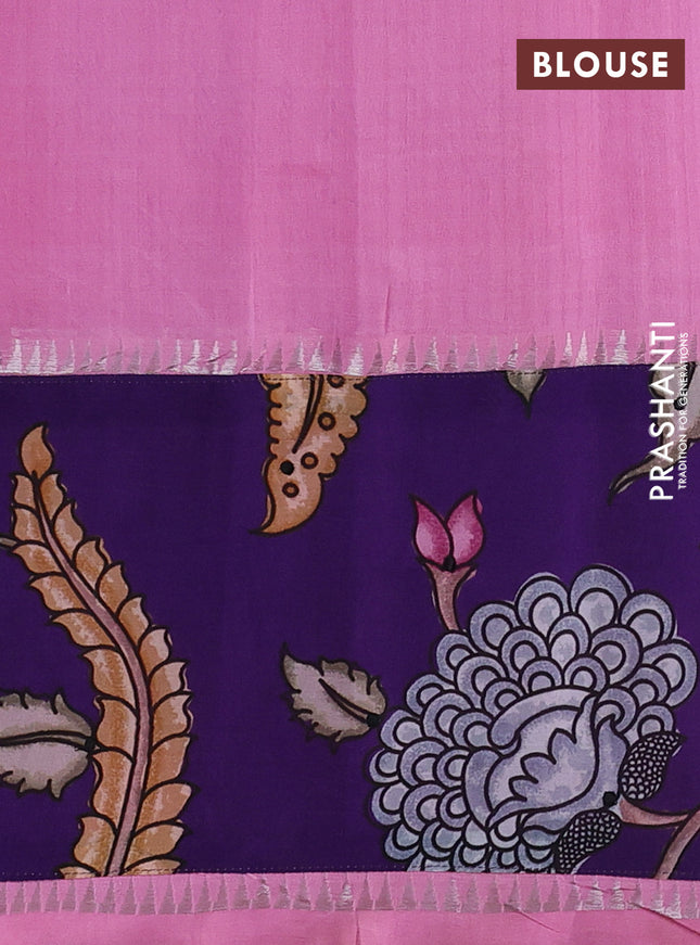 Mangalgiri silk cotton saree light pink and violet with plain body and temple design kalamkari printed applique border