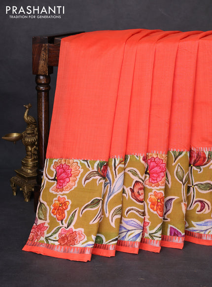 Mangalgiri silk cotton saree orange and mustard green with plain body and temple design kalamkari printed applique border