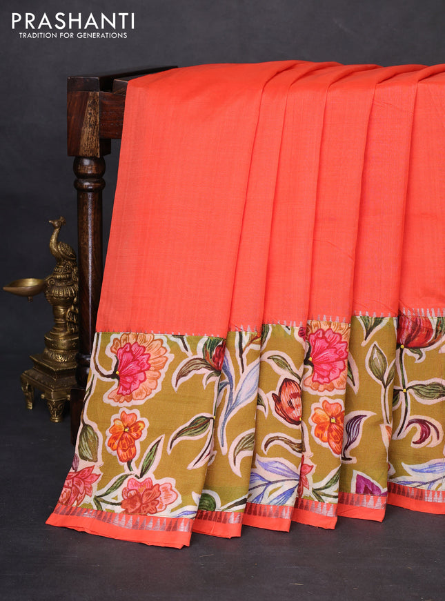 Mangalgiri silk cotton saree orange and mustard green with plain body and temple design kalamkari printed applique border