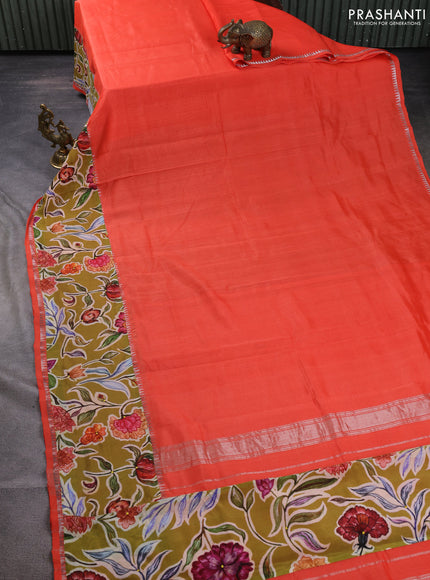 Mangalgiri silk cotton saree orange and mustard green with plain body and temple design kalamkari printed applique border