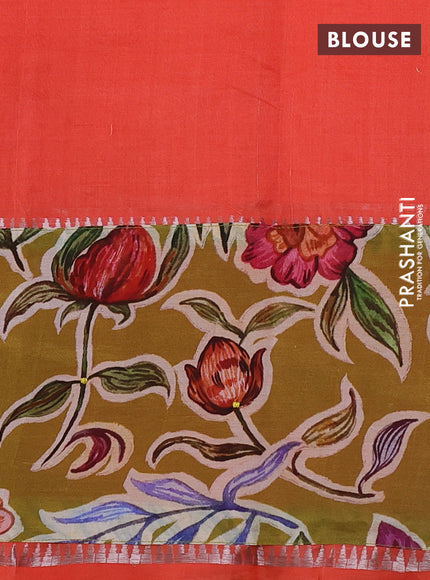 Mangalgiri silk cotton saree orange and mustard green with plain body and temple design kalamkari printed applique border