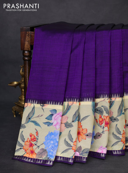 Mangalgiri silk cotton saree violet and pale yellow with plain body and temple design kalamkari printed applique border