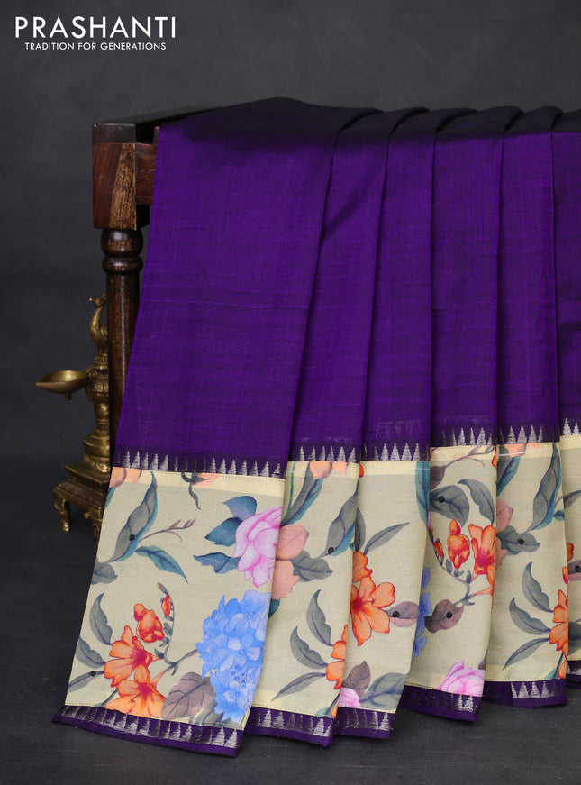 Mangalgiri silk cotton saree violet and pale yellow with plain body and temple design kalamkari printed applique border