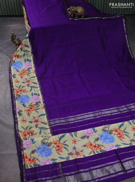 Mangalgiri silk cotton saree violet and pale yellow with plain body and temple design kalamkari printed applique border