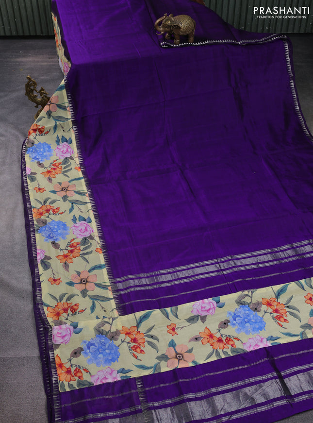 Mangalgiri silk cotton saree violet and pale yellow with plain body and temple design kalamkari printed applique border