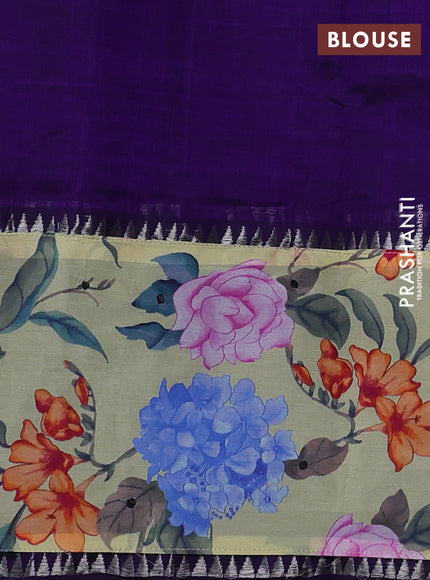 Mangalgiri silk cotton saree violet and pale yellow with plain body and temple design kalamkari printed applique border