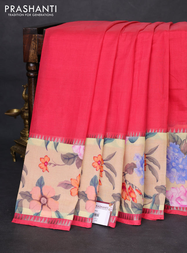 Mangalgiri silk cotton saree pink shade and sandal with plain body and temple design kalamkari printed applique border