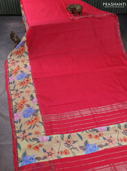 Mangalgiri silk cotton saree pink shade and sandal with plain body and temple design kalamkari printed applique border